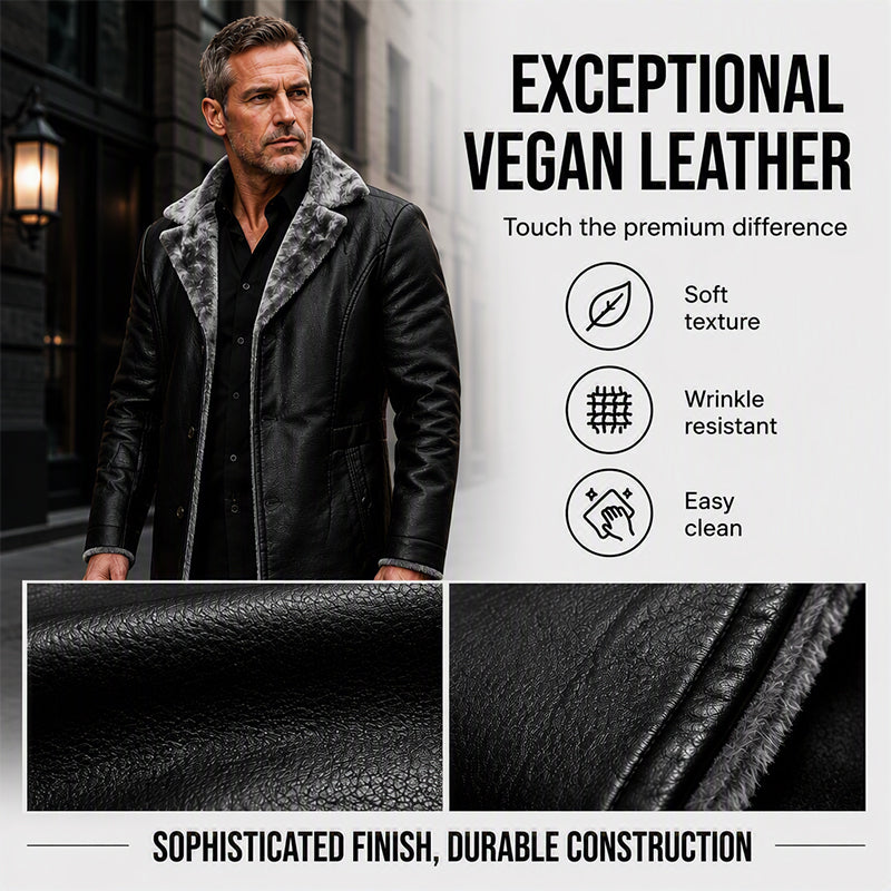 Men's Lapel Collar Plush-Lined Faux Leather Coat