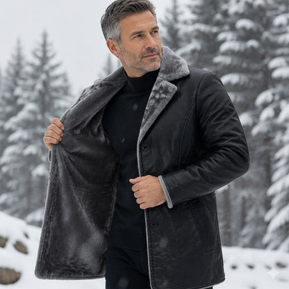 Men's Lapel Collar Plush-Lined Faux Leather Coat