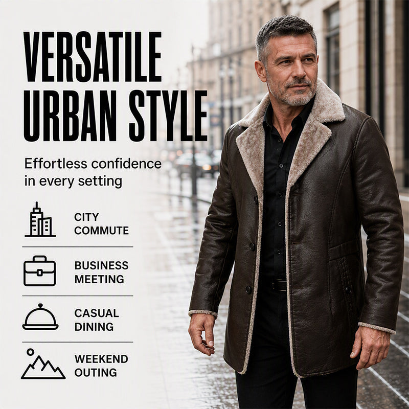 Men's Lapel Collar Plush-Lined Faux Leather Coat