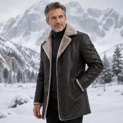 Men's Lapel Collar Plush-Lined Faux Leather Coat