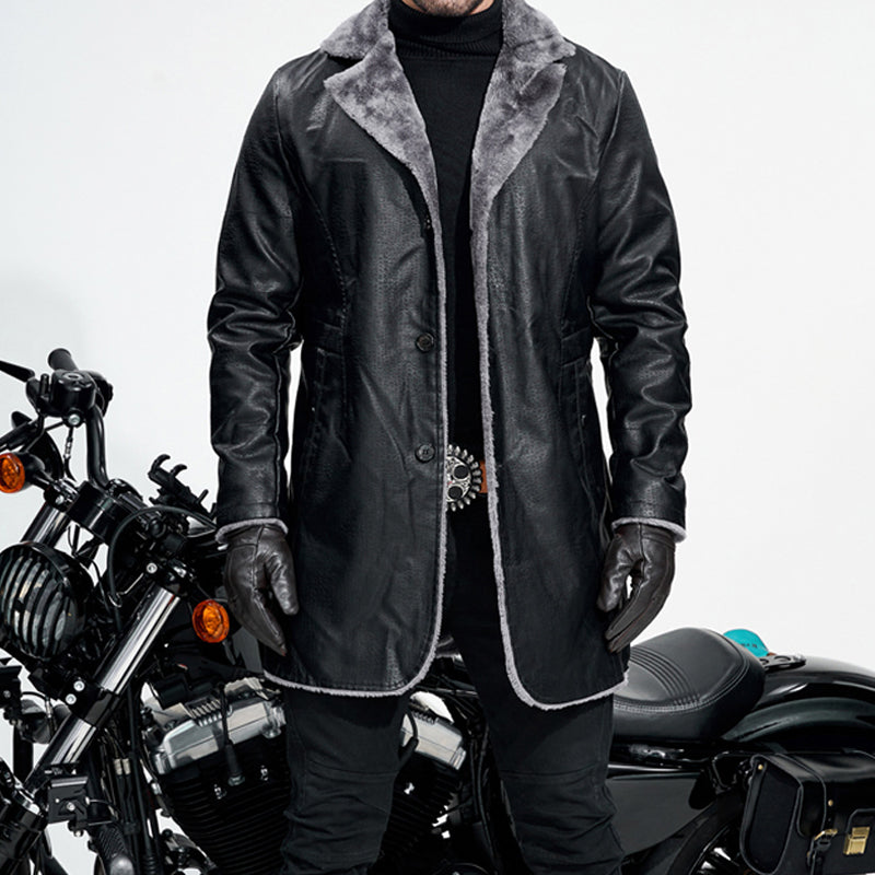 Men's Lapel Collar Plush-Lined Faux Leather Coat