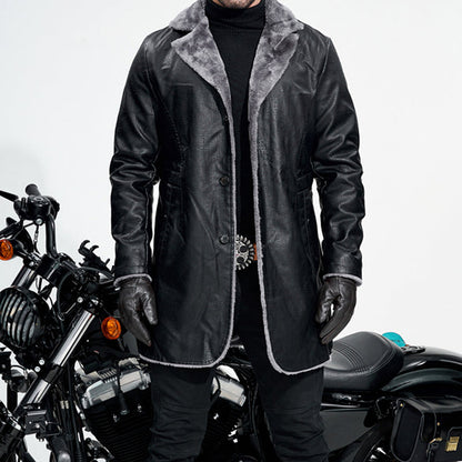 Men's Lapel Collar Plush-Lined Faux Leather Coat
