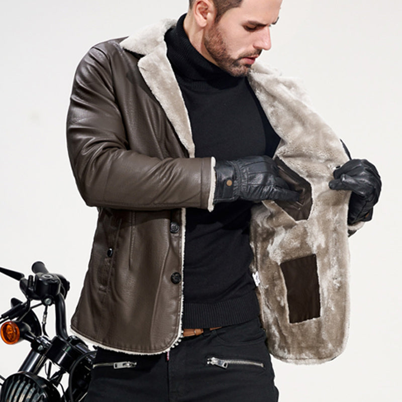 Men's Lapel Collar Plush-Lined Faux Leather Coat