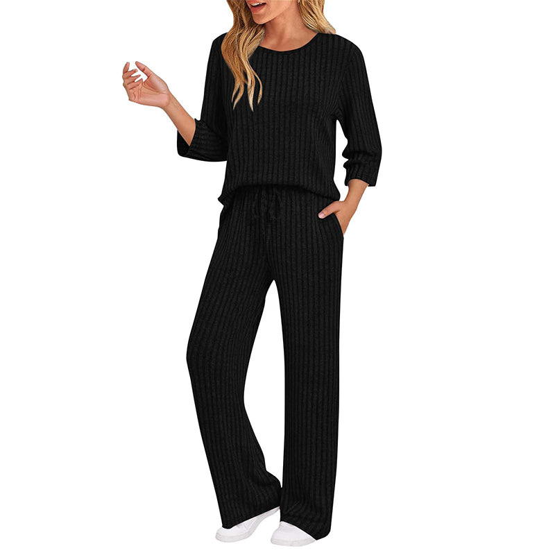 Women's Ribbed Knit Top & Straight Pants Set
