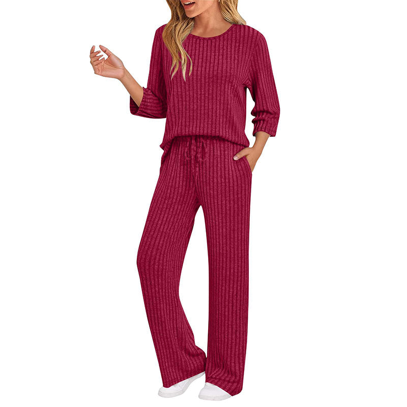 Women's Ribbed Knit Top & Straight Pants Set