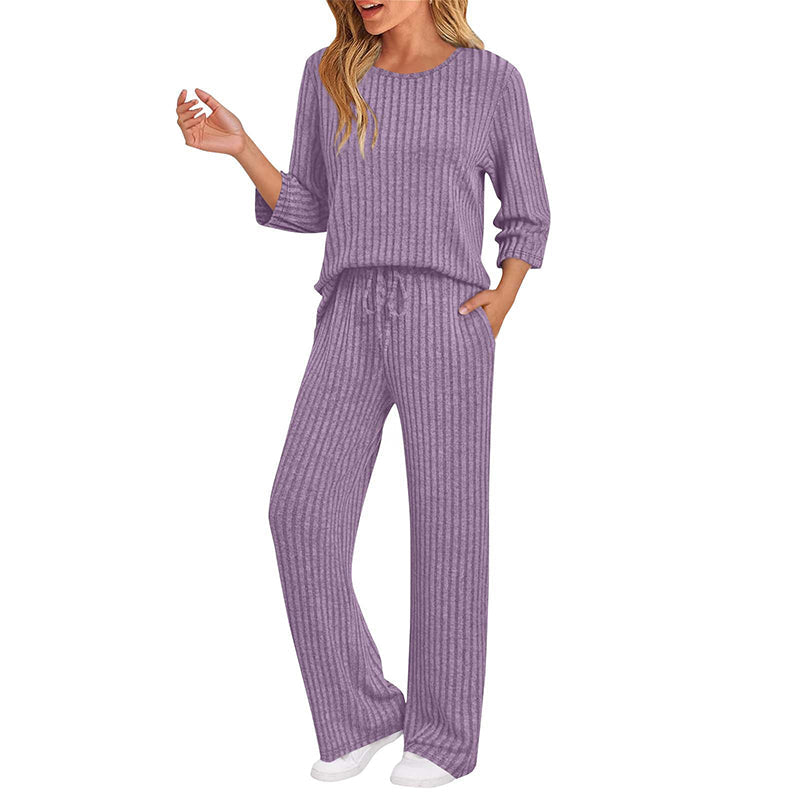 Women's Ribbed Knit Top & Straight Pants Set
