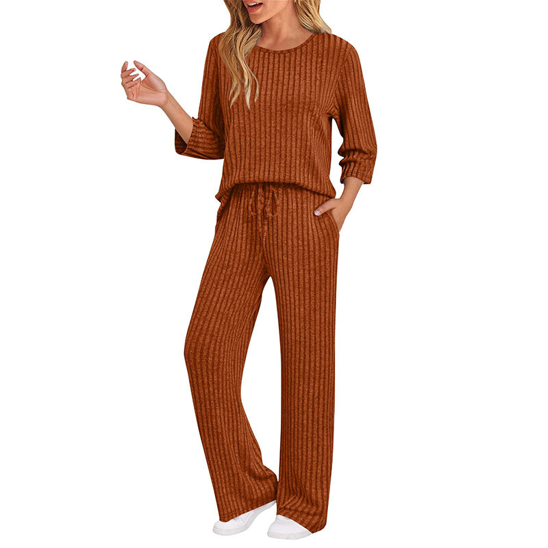 Women's Ribbed Knit Top & Straight Pants Set