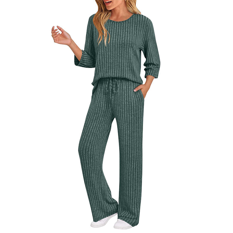Women's Ribbed Knit Top & Straight Pants Set