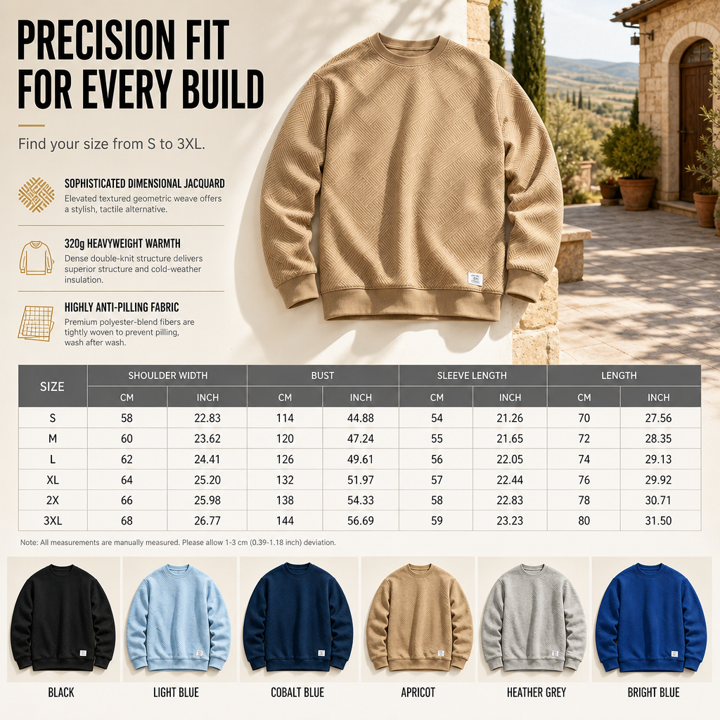 Mens Long Sleeve Jacquard Crew Neck Sweatshirt Loose Fit Thickened Autumn Winter Top Plus Size