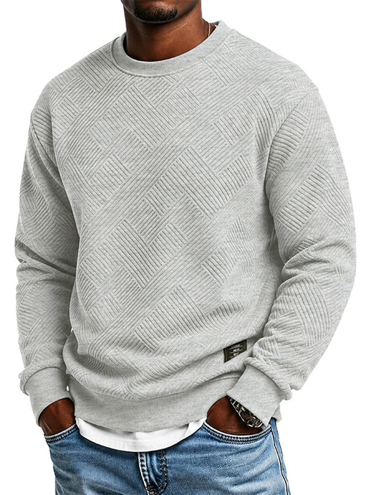Mens Long Sleeve Jacquard Crew Neck Sweatshirt Loose Fit Thickened Autumn Winter Top Plus Size