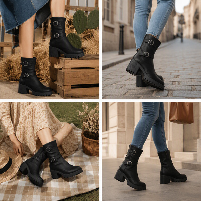 Women's Chunky Heel Buckle Mid-Calf Boots