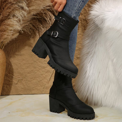 Women's Chunky Heel Buckle Mid-Calf Boots
