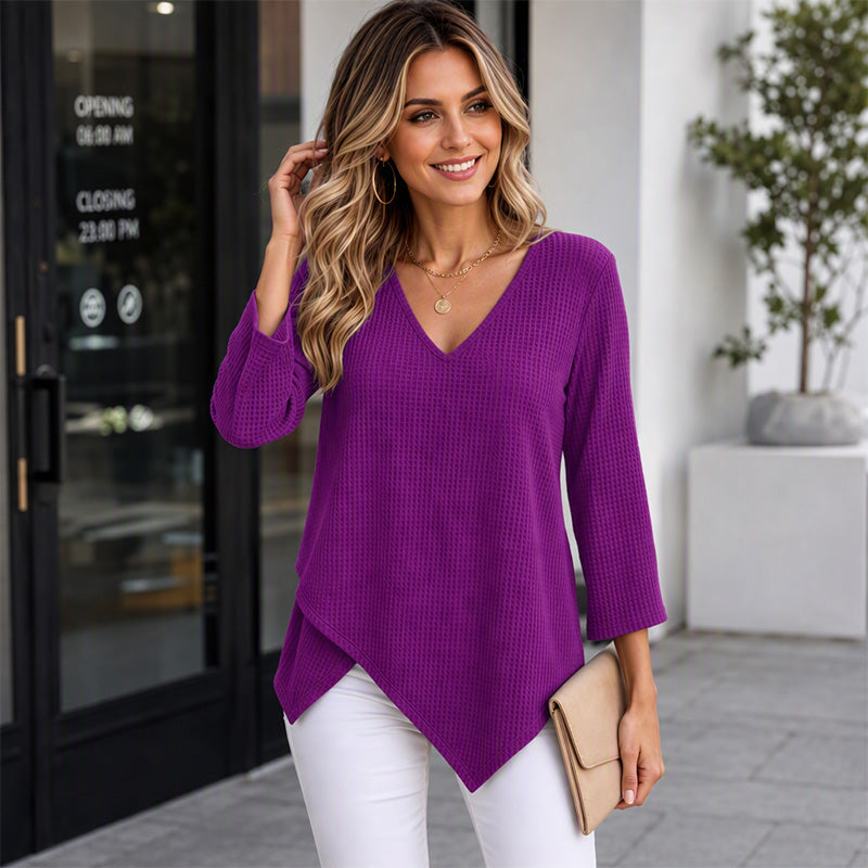 Women's Loose Waffle Knit V-Neck Top