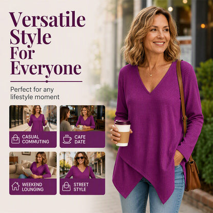 Women's Loose Waffle Knit V-Neck Top