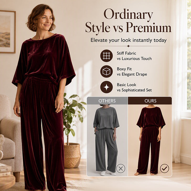 Women's Velvet Half Sleeve Top & Wide-Leg Pants Set