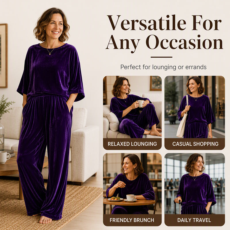 Women's Velvet Half Sleeve Top & Wide-Leg Pants Set