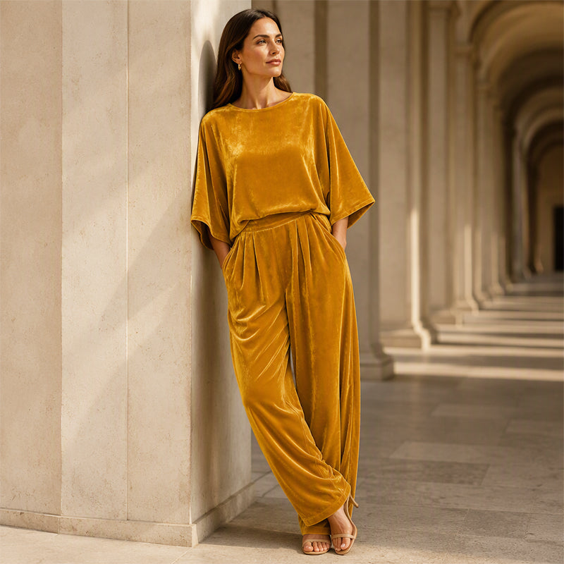 Women's Velvet Half Sleeve Top & Wide-Leg Pants Set