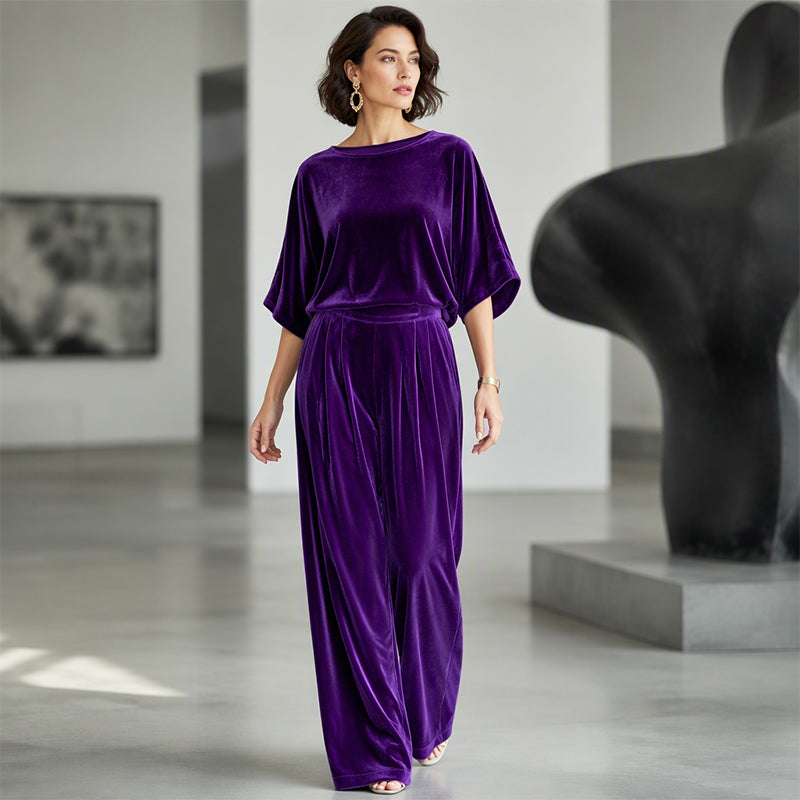 Women's Velvet Half Sleeve Top & Wide-Leg Pants Set