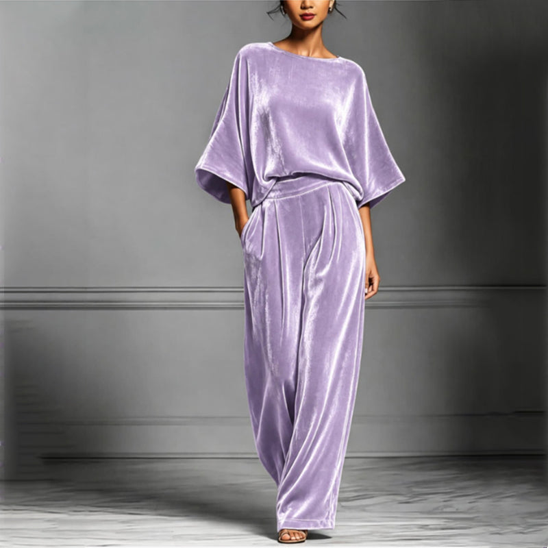 Women's Velvet Half Sleeve Top & Wide-Leg Pants Set