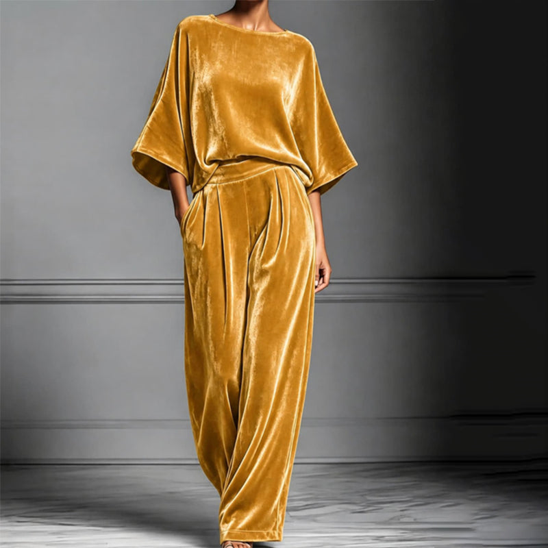 Women's Velvet Half Sleeve Top & Wide-Leg Pants Set