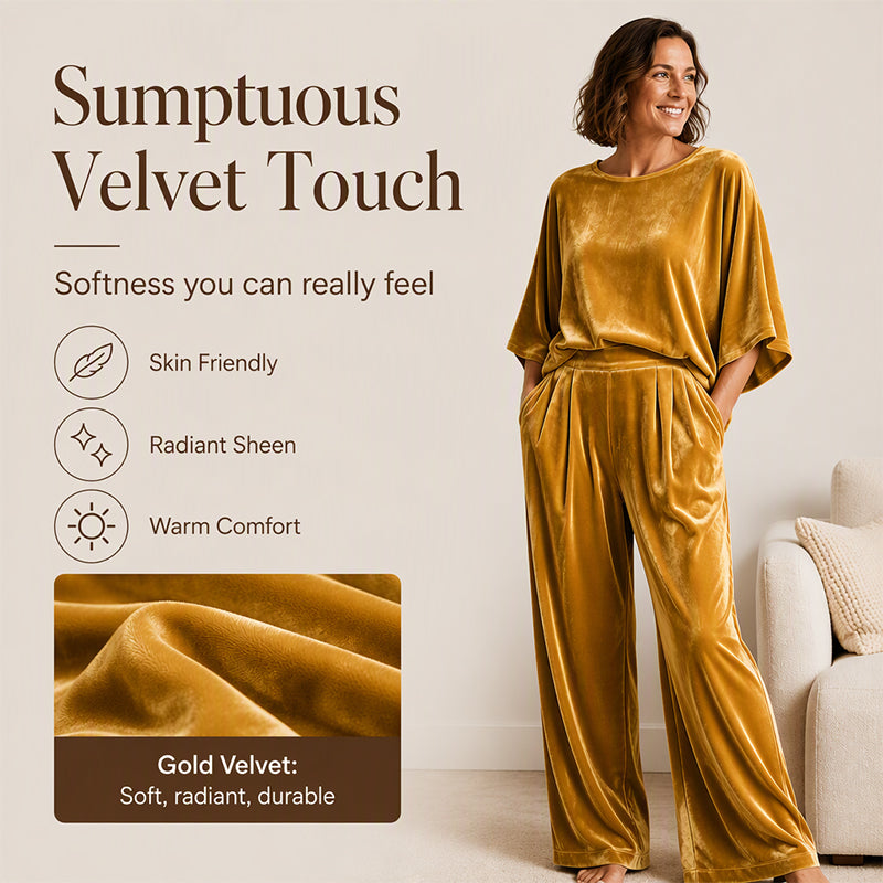 Women's Velvet Half Sleeve Top & Wide-Leg Pants Set