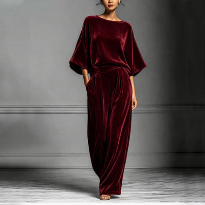 Women's Velvet Half Sleeve Top & Wide-Leg Pants Set