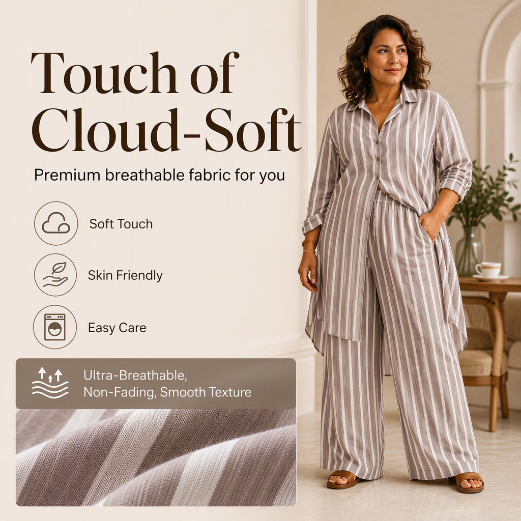 Women's Striped Longline Shirt & Wide-Leg Pants Set