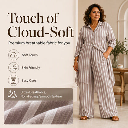 Women's Striped Longline Shirt & Wide-Leg Pants Set