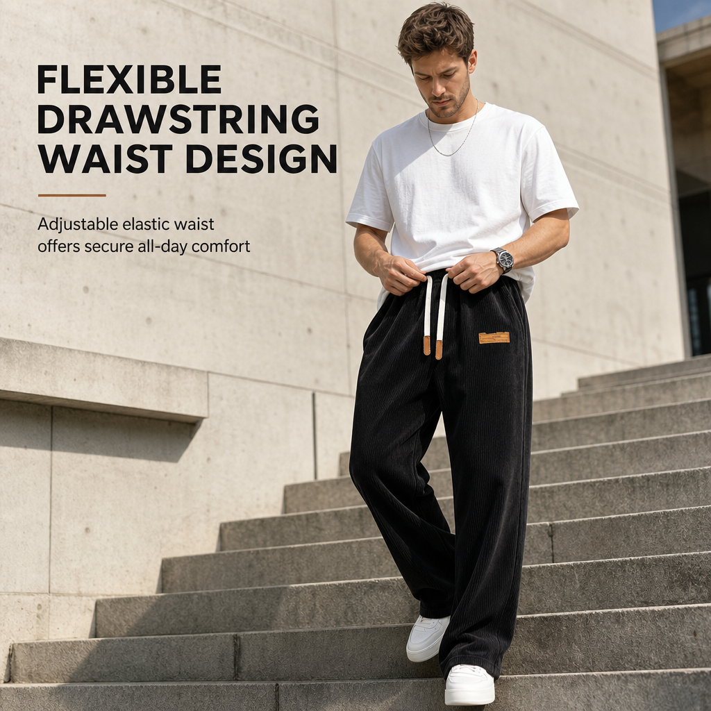 Men's Casual Corduroy Wide Leg Pants with Elastic Drawstring Waist Relaxed Fit Loose Trousers