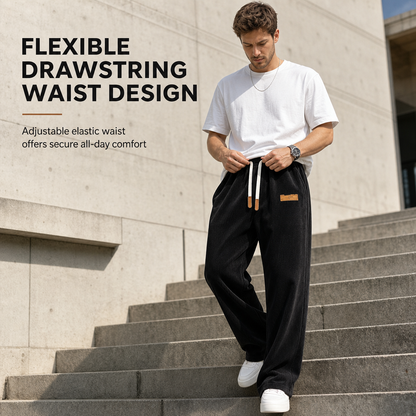 Men's Casual Corduroy Wide Leg Pants with Elastic Drawstring Waist Relaxed Fit Loose Trousers