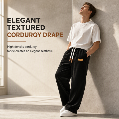 Men's Casual Corduroy Wide Leg Pants with Elastic Drawstring Waist Relaxed Fit Loose Trousers