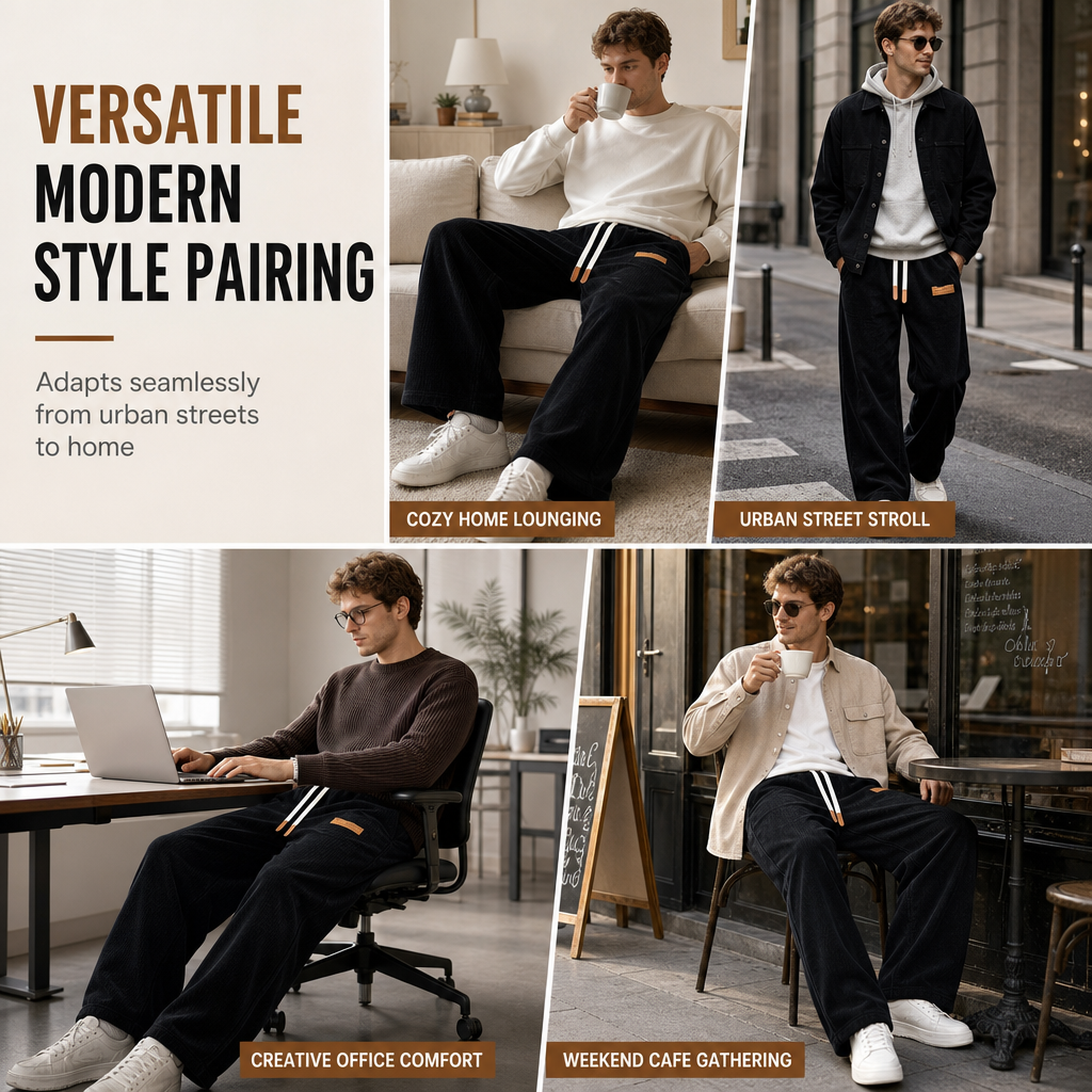 Men's Casual Corduroy Wide Leg Pants with Elastic Drawstring Waist Relaxed Fit Loose Trousers
