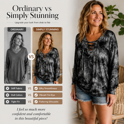 Women's Tie-Dye Printed Lace-Up V-Neck Top