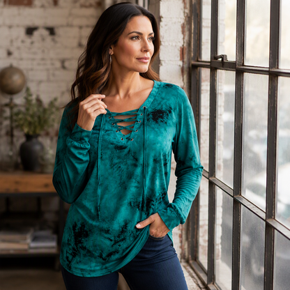 Women's Tie-Dye Printed Lace-Up V-Neck Top