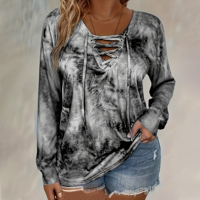 Women's Tie-Dye Printed Lace-Up V-Neck Top