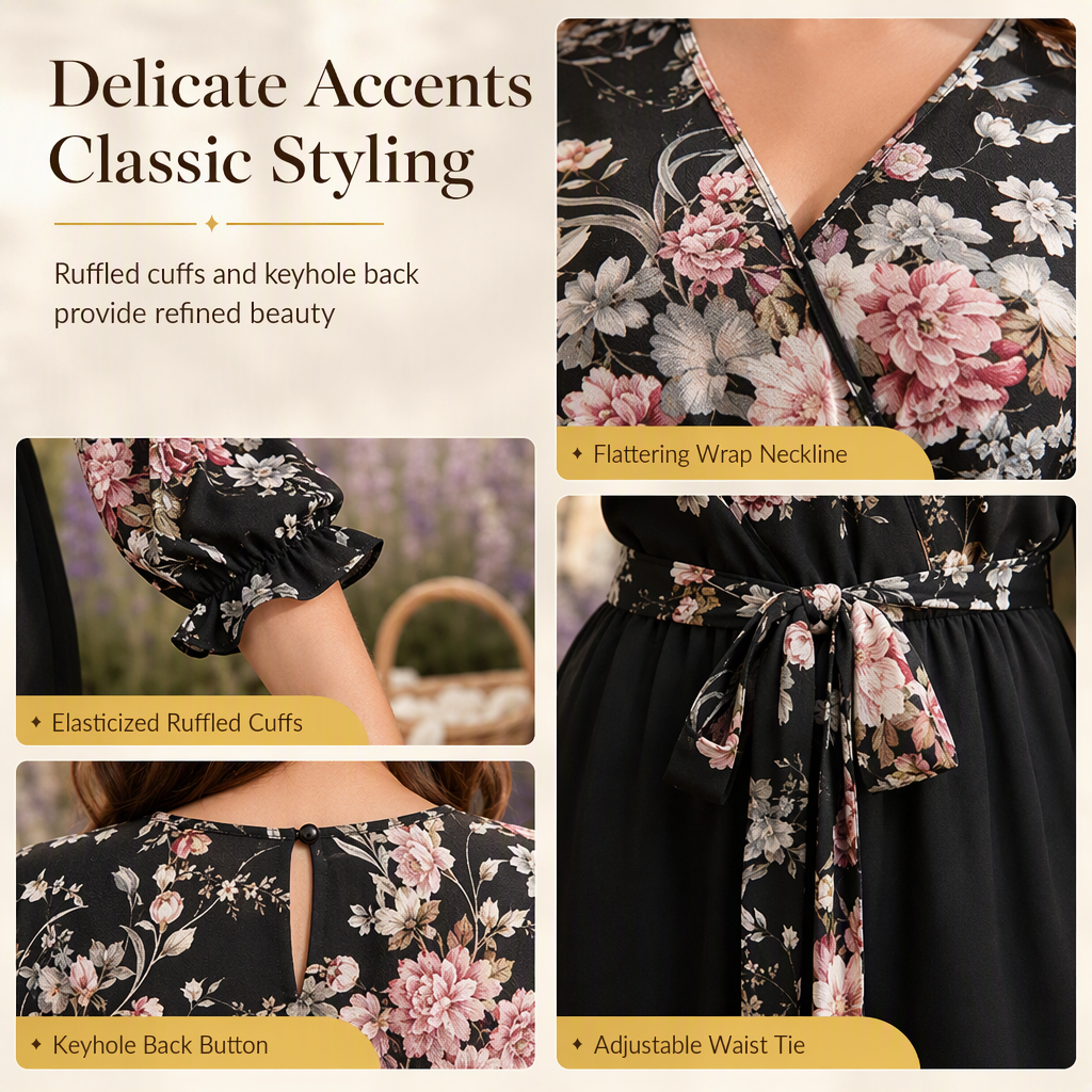 Elegant Floral Print Wrap V Neck Wide Leg Jumpsuit with Waist Tie and Ruffled 3/4 Sleeves