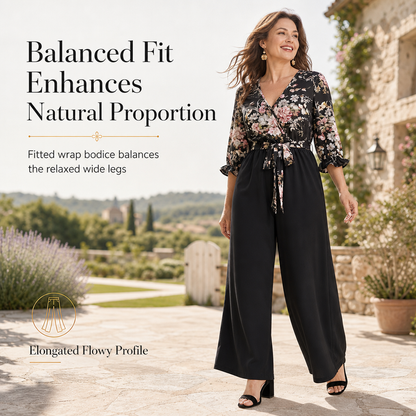Elegant Floral Print Wrap V Neck Wide Leg Jumpsuit with Waist Tie and Ruffled 3/4 Sleeves
