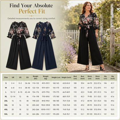 Elegant Floral Print Wrap V Neck Wide Leg Jumpsuit with Waist Tie and Ruffled 3/4 Sleeves