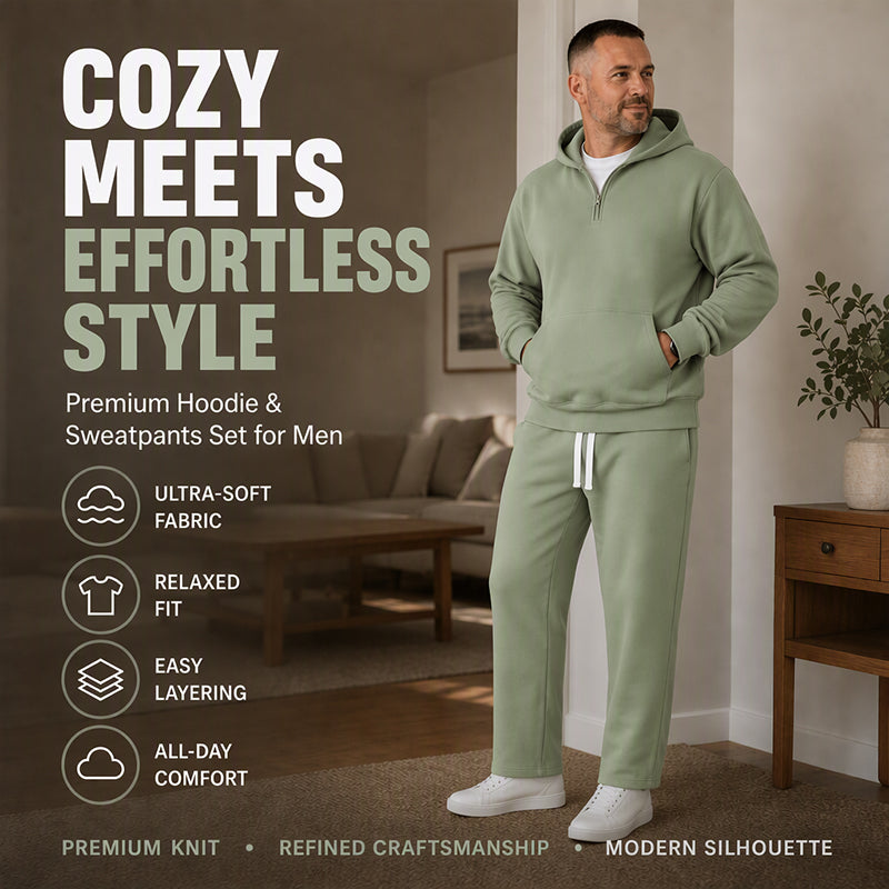 Men's Casual Half-Zip Hoodie & Wide-Leg Pants Set