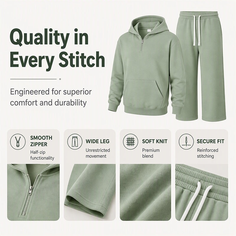 Men's Casual Half-Zip Hoodie & Wide-Leg Pants Set