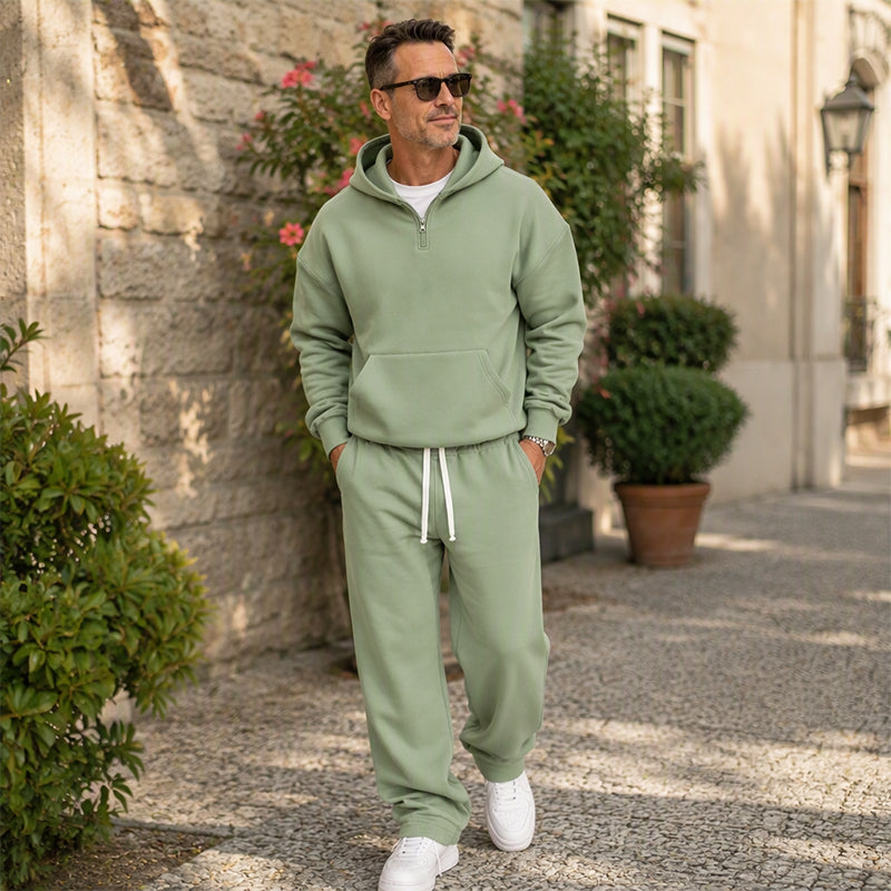 Men's Casual Half-Zip Hoodie & Wide-Leg Pants Set