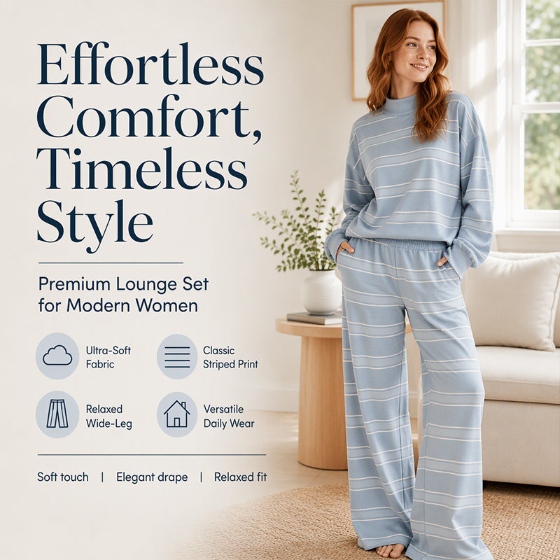 Women's Striped Mock Neck Top & Wide-Leg Pants Set