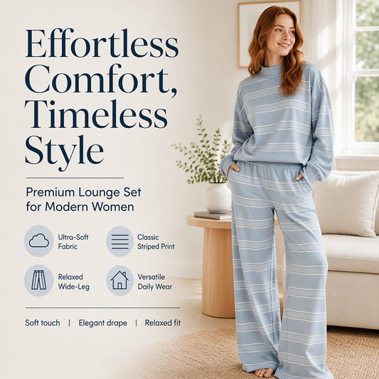 Women's Striped Mock Neck Top & Wide-Leg Pants Set