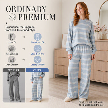 Women's Striped Mock Neck Top & Wide-Leg Pants Set