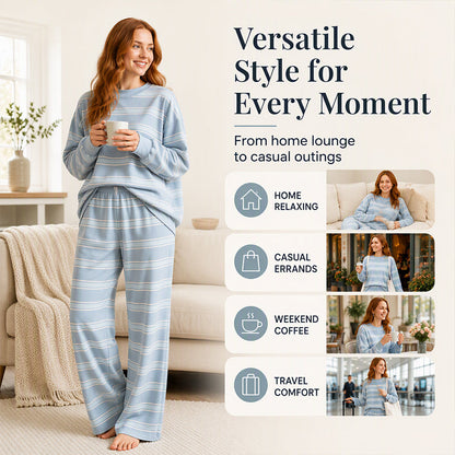 Women's Striped Mock Neck Top & Wide-Leg Pants Set