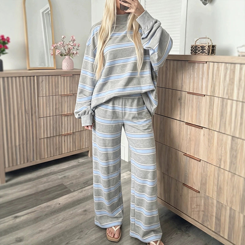 Women's Striped Mock Neck Top & Wide-Leg Pants Set