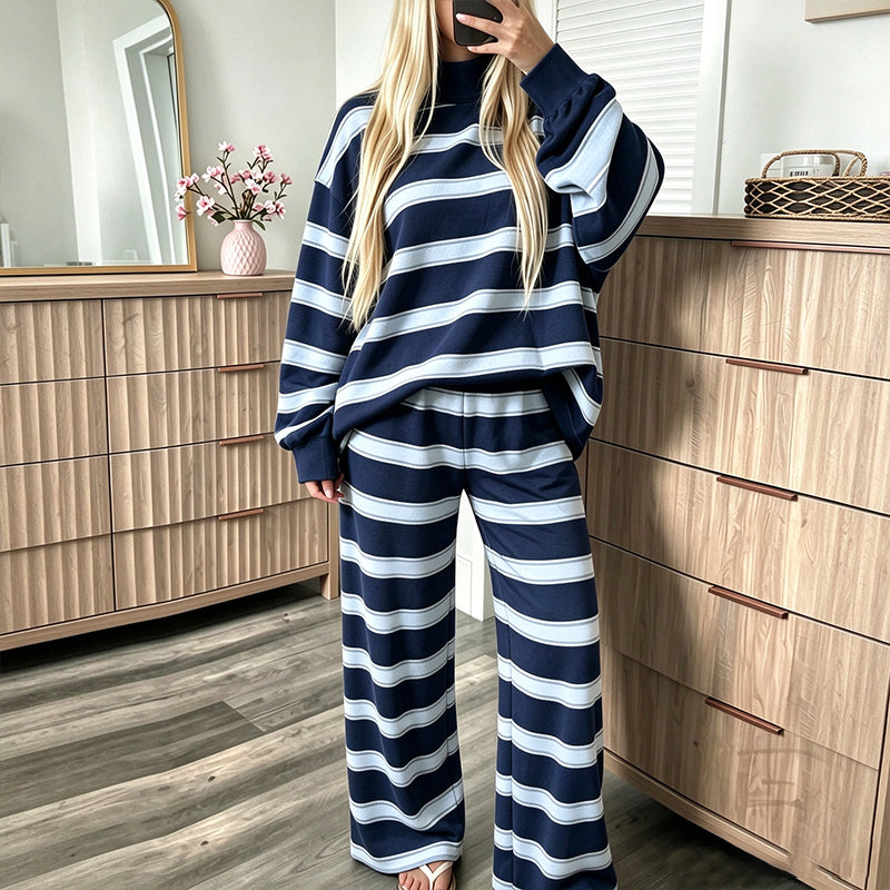 Women's Striped Mock Neck Top & Wide-Leg Pants Set