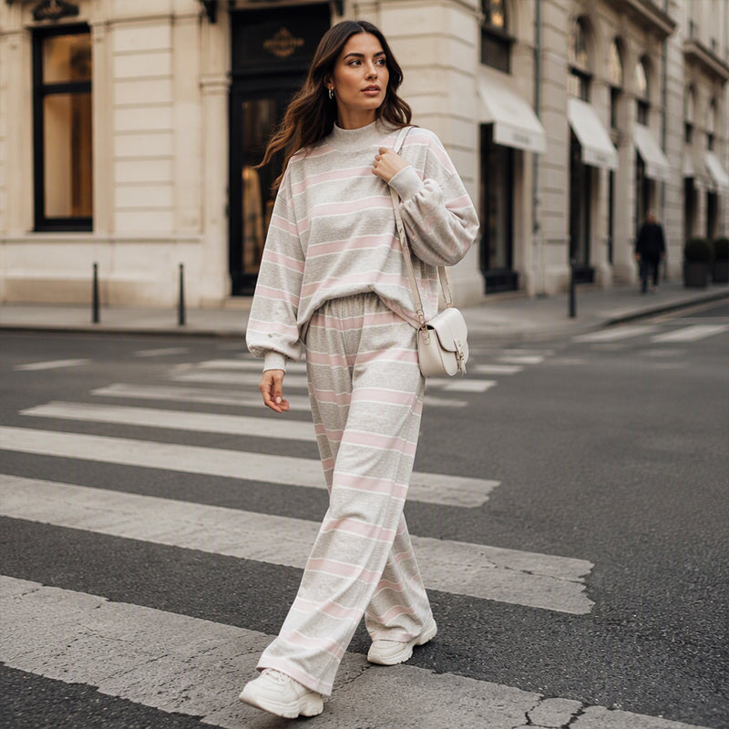 Women's Striped Mock Neck Top & Wide-Leg Pants Set