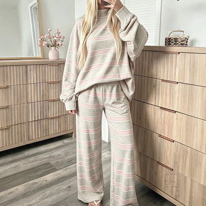 Women's Striped Mock Neck Top & Wide-Leg Pants Set