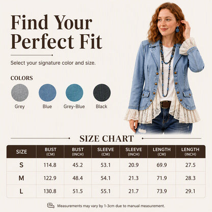 Women's Notch Lapel Denim Jacket with Lace Hem